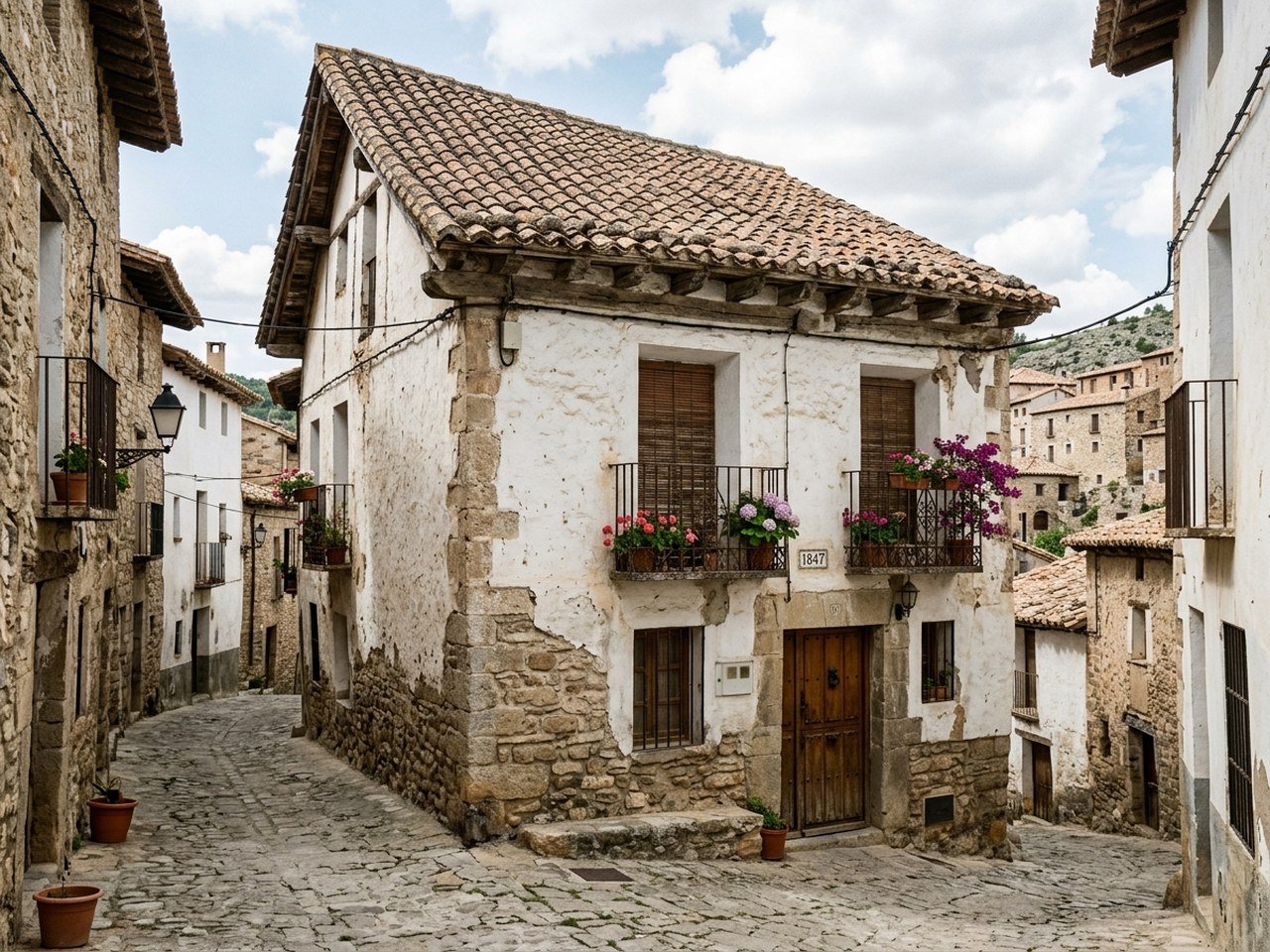 Casa de pueblo con tejado tradicional expuesta a la intemperie y clima exterior