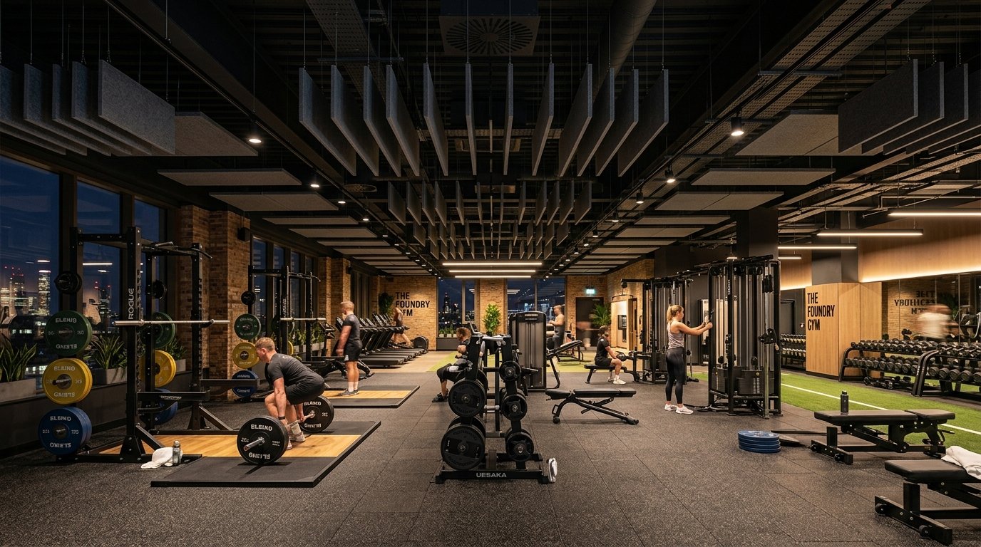 Suelos de gimnasio para pesas y baffles acústicos